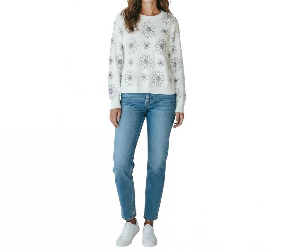 NEW J. SOCIETY daisy outline crew sweater in white